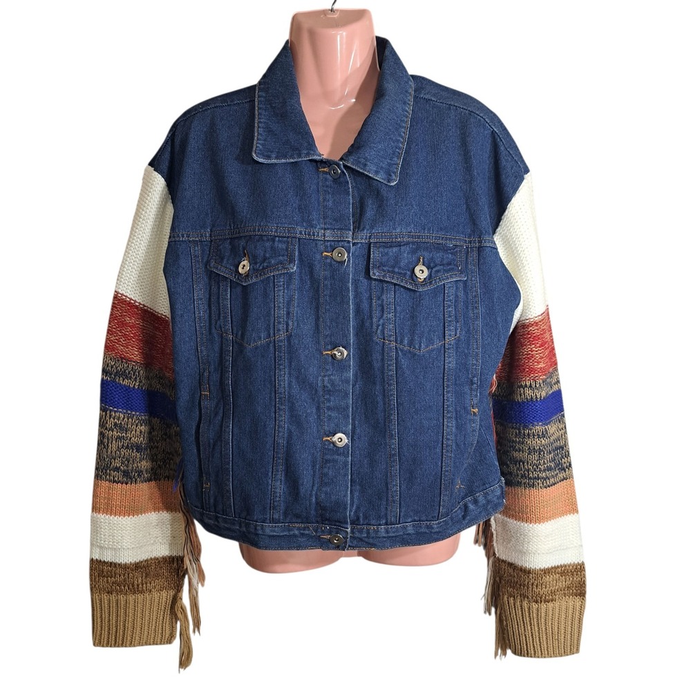 Rehab Women's Blue Denim Jean Coat Jacket Multicolor Knit Sweater Sleeves Size L